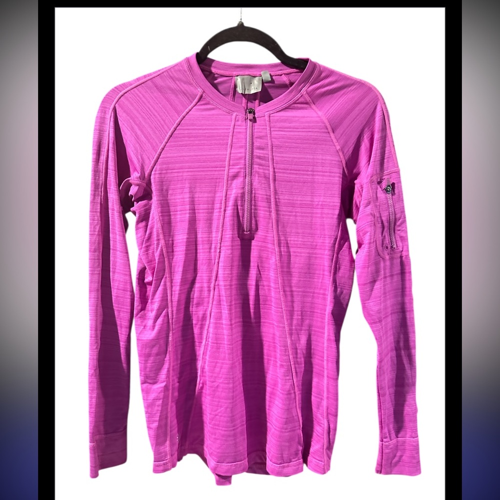 Athleta Womens Quarter Zip Running Pullover Fuchsia Stripe Size S. Pre Owned!